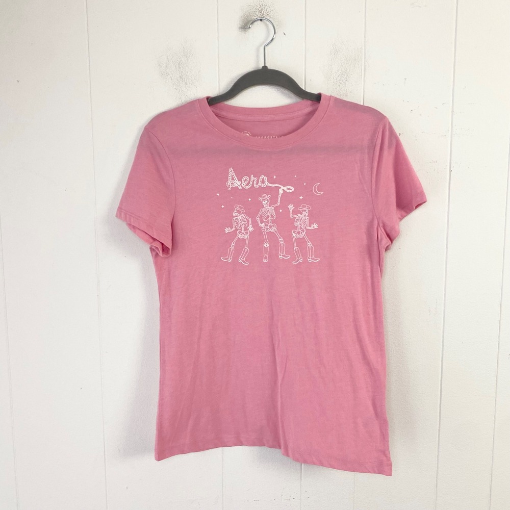 Aeropostale Pink Cowboy Skeleton Graphic T-Shirt Womens Large Dancing Western